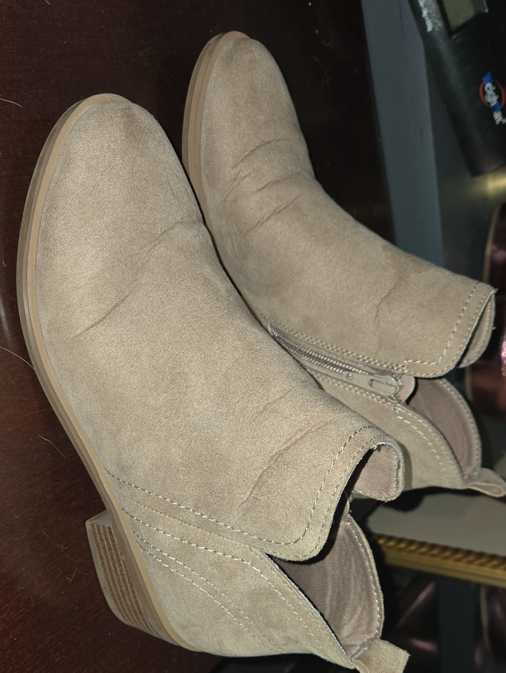 Time and Tru Taupe Suede Ankle Booties with Side Zip